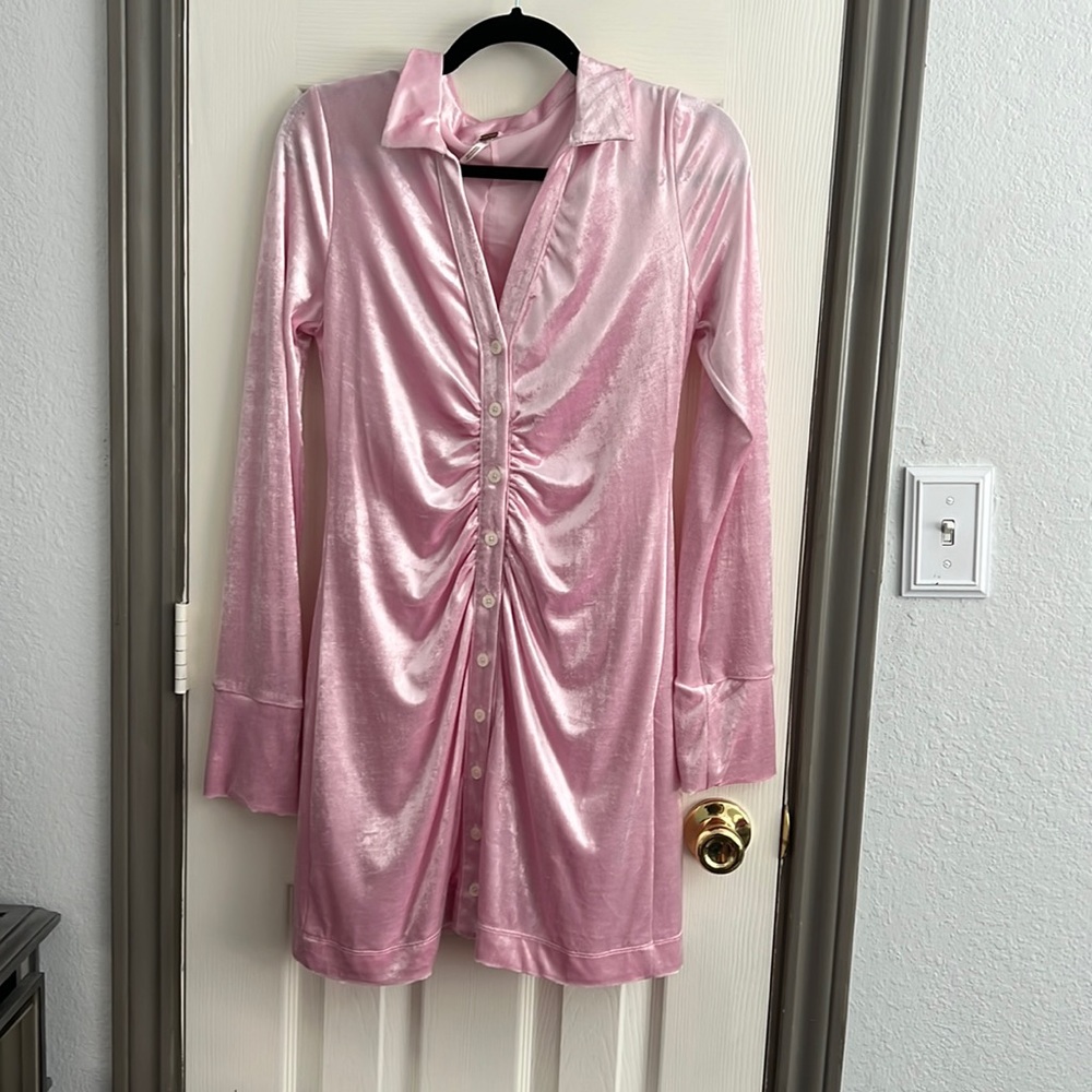 free people light pink velvet long sleeve dress